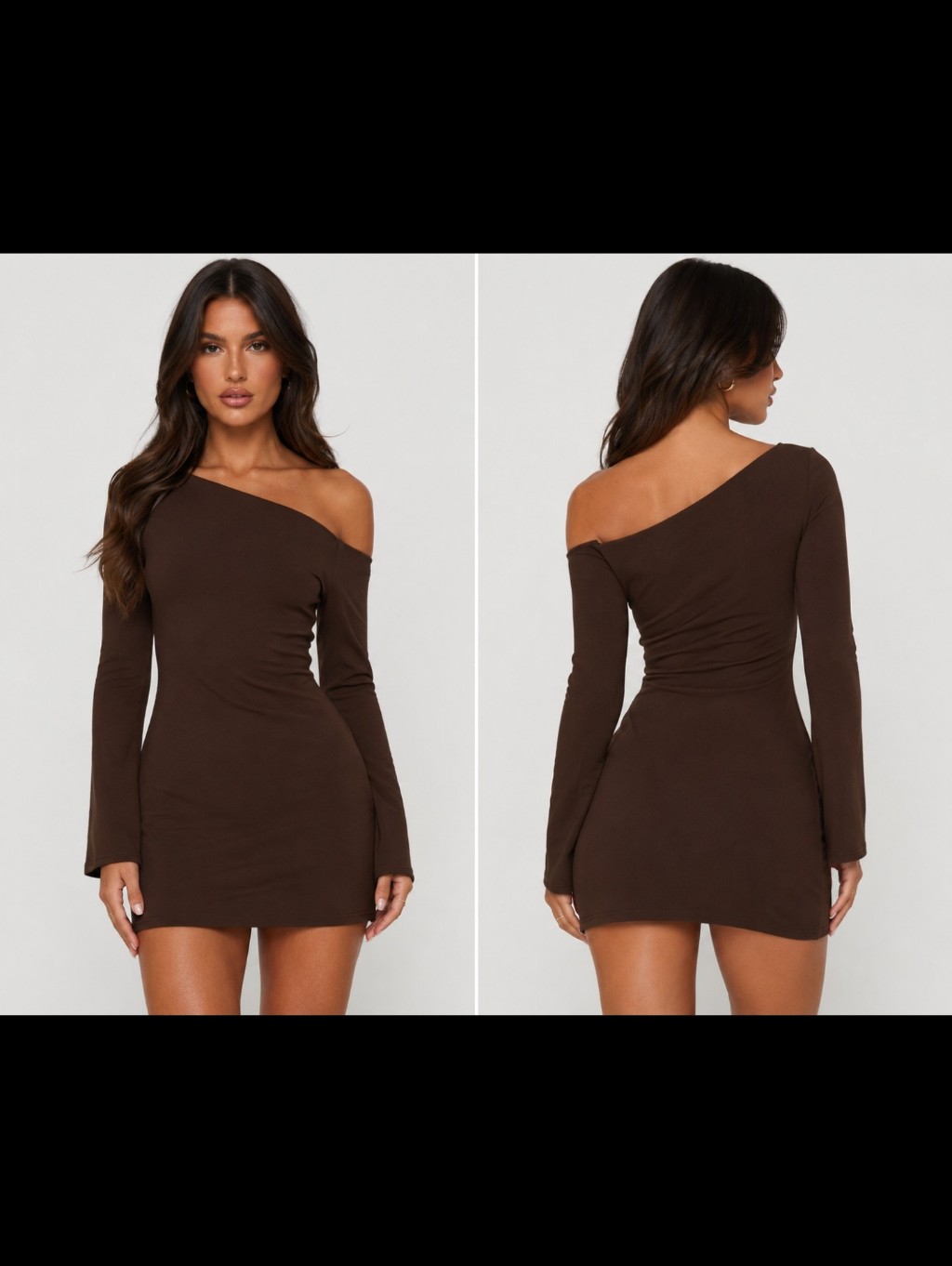 Off-Shoulder Long Sleeve Bodycon Dress - Brown Size 6